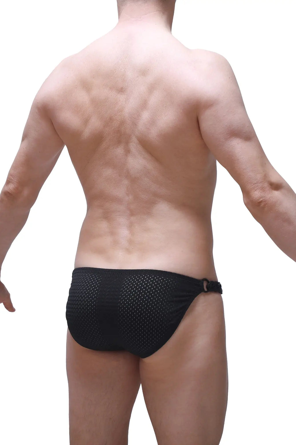 Black mesh bikini chains bee swim trunks with sleek form-fitting design in black from the back side