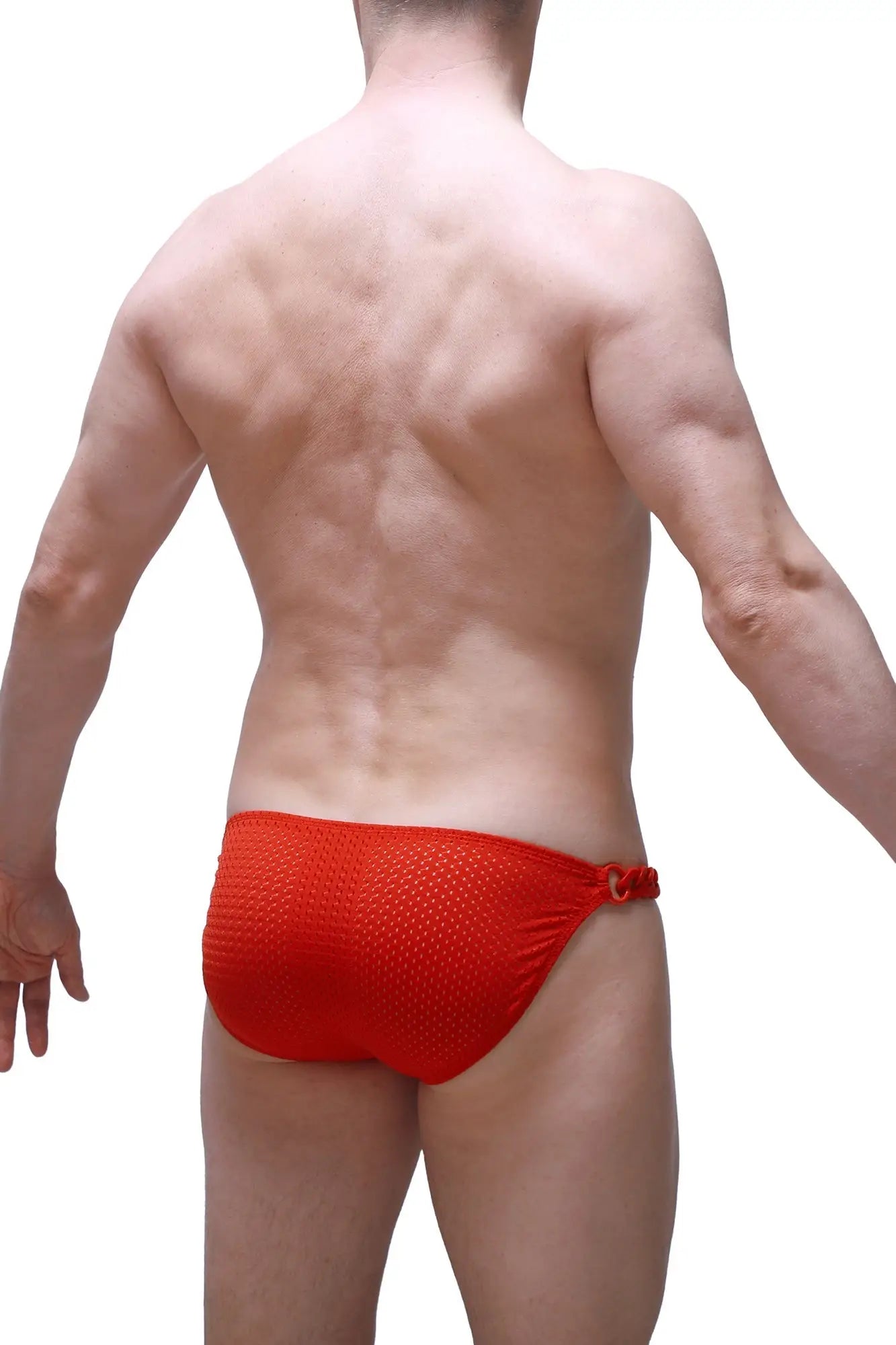 Red mesh swim trunks with tied side closure from bikini chains bee red collection