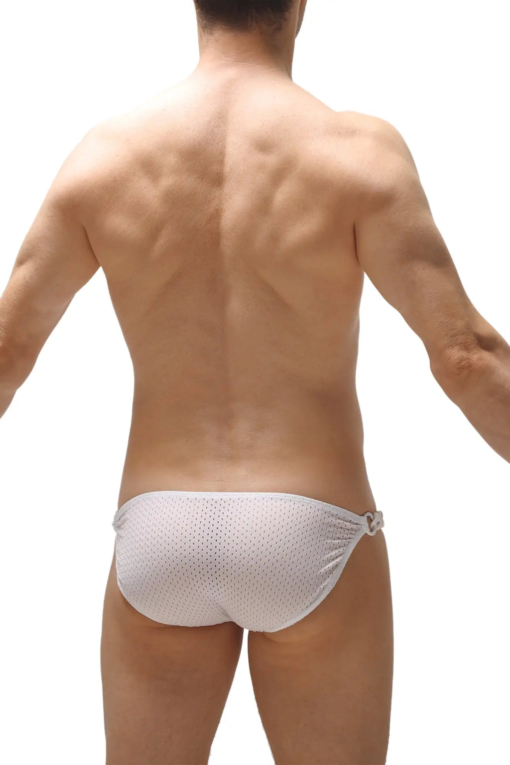 White mesh swim trunks with side tie detail from bikini chains bee white collection