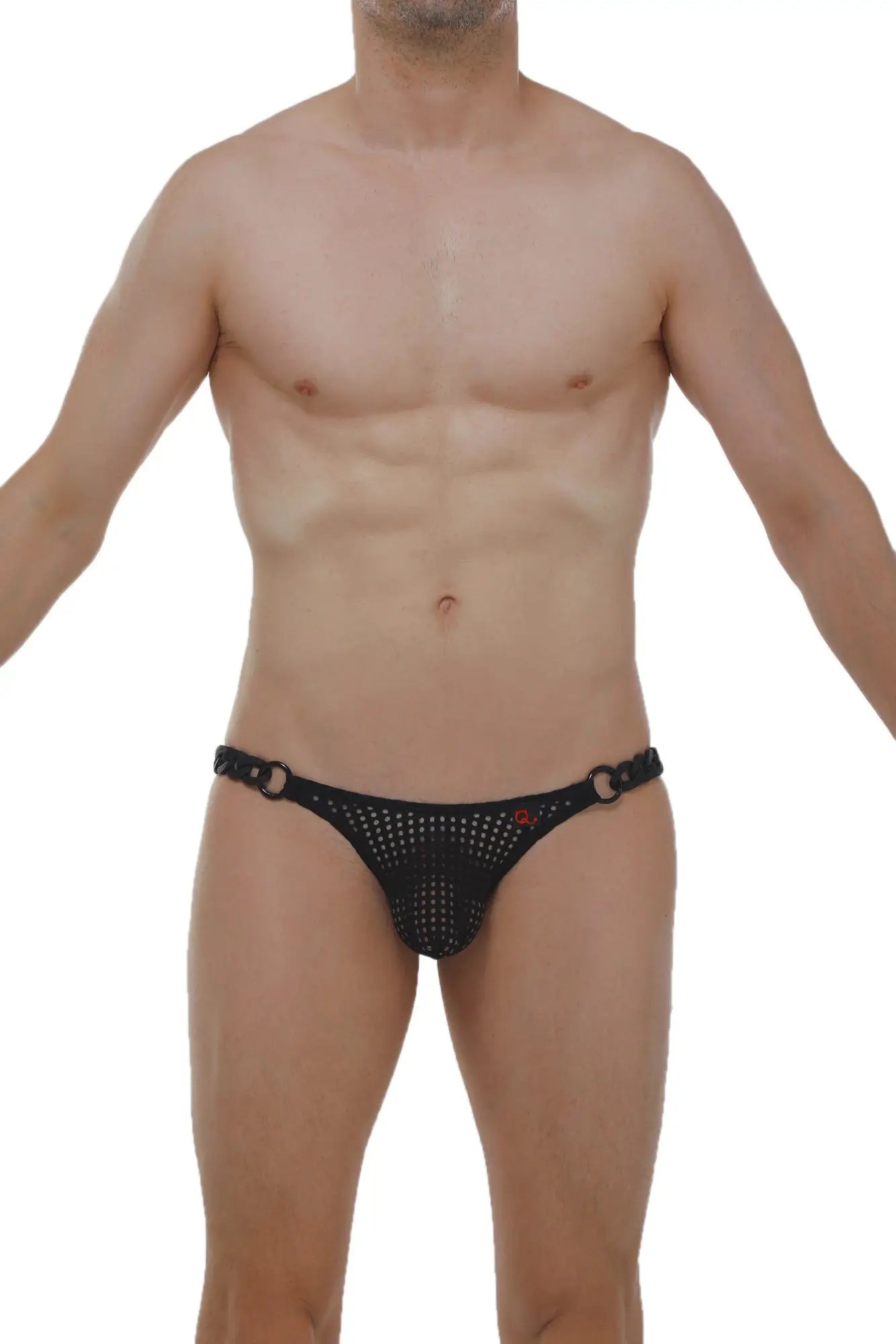 Black mesh bikini briefs with perforated design and metallic rings at waistband from bikini chains durtol black