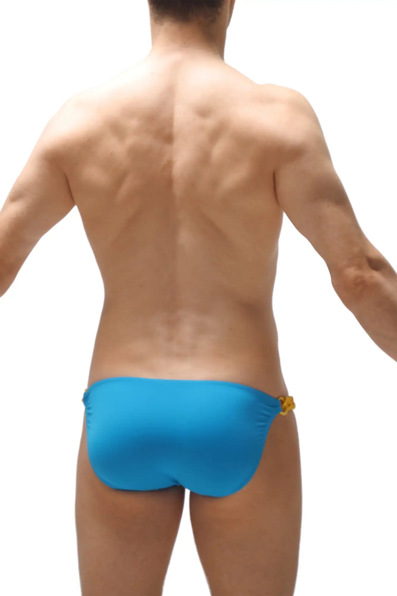 Bright blue bikini chains turquoise swim trunks with yellow decorative clasp on the side for beachwear