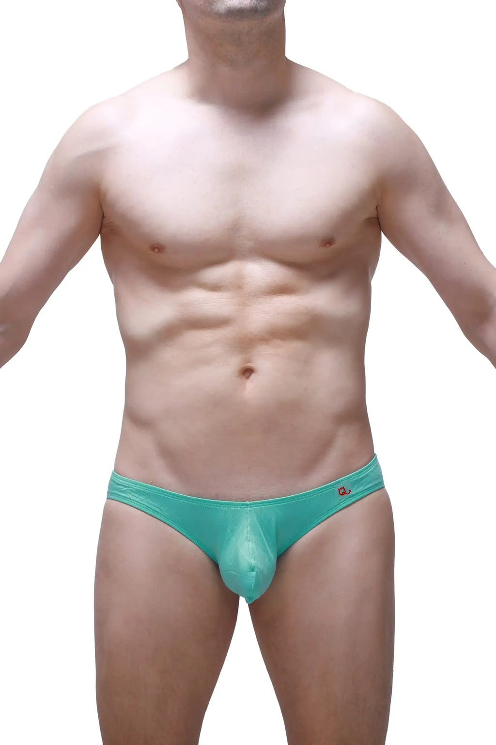 Teal transparent men’s bamboo briefs with small red logo on waistband bikini colline bamboo green product image