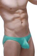 Turquoise form-fitting men’s bikini briefs made of smooth stretchy bamboo fabric with subtle logo on waistband