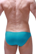 Teal-colored bikini colline bamboo tropical green briefs with smooth form-fitting fabric shown from the back
