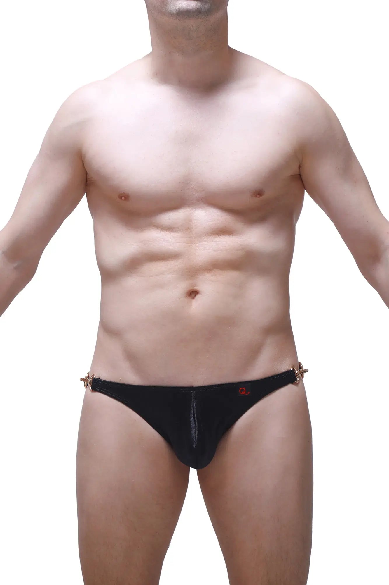 Bikini Conguel satin black men’s swim trunks with gold-tone metal accents and a small red logo on the front