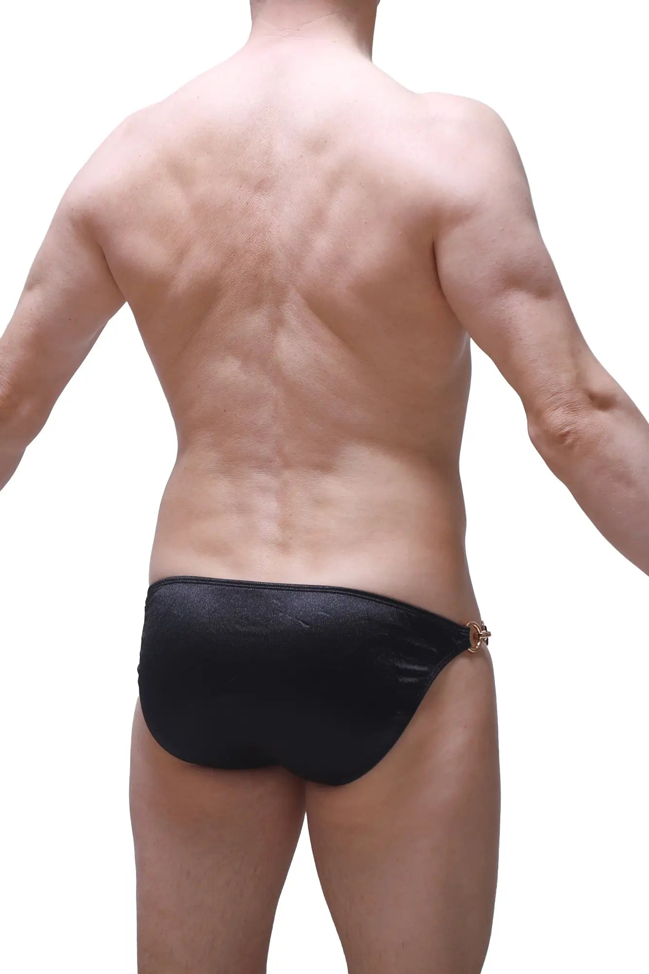 Black textured bikini conguel satin swim trunks with gold toned metal clasp on the side