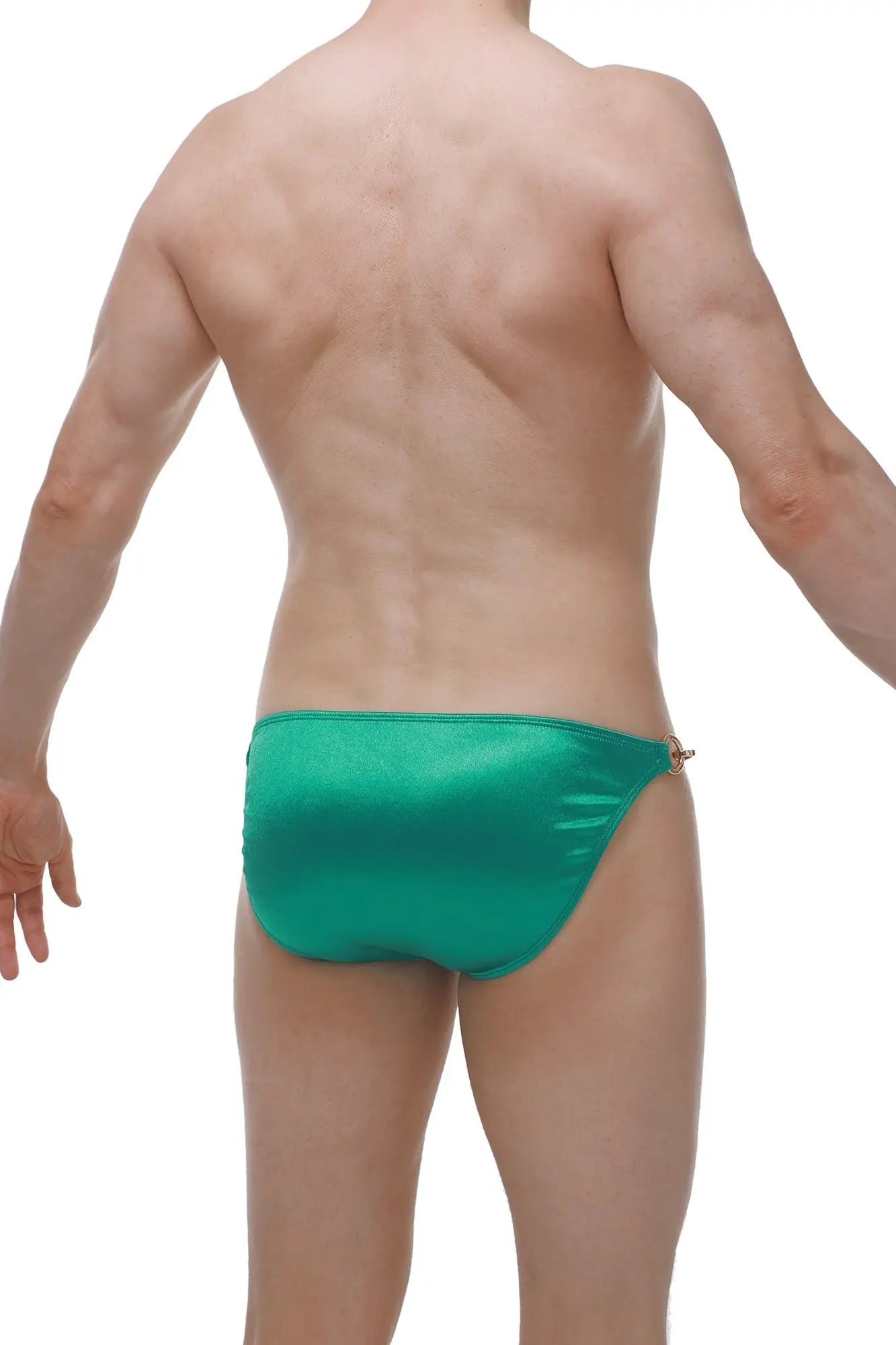 Emerald green satin bikini briefs with gold toned side fastener for a stylish and elegant look