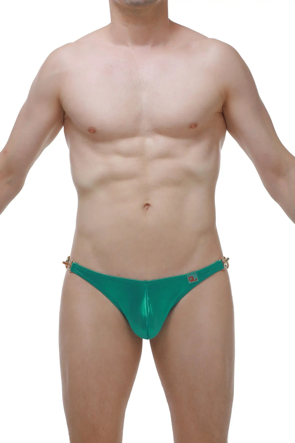 Emerald green metallic swim trunks with gold toned side clasps from the bikini congue satin green collection
