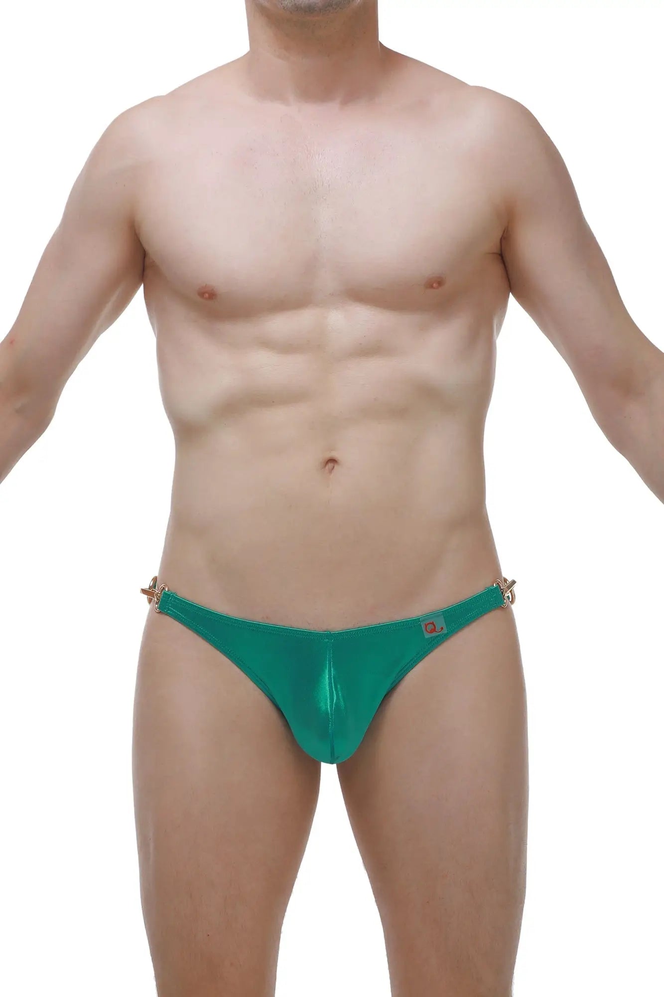 Emerald green metallic swim trunks with gold toned side clasps from the bikini congue satin green collection