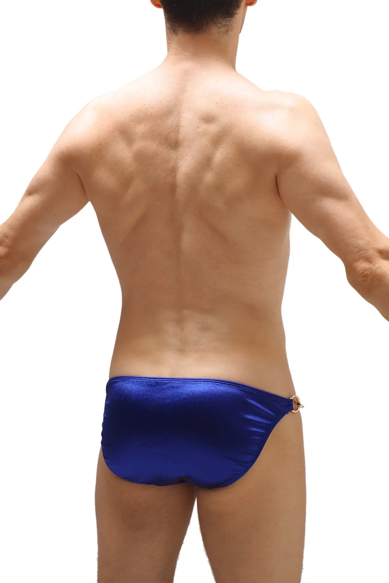Blue satin swim trunks with gold-tone side buckle from bikini conguél satin sapphire collection