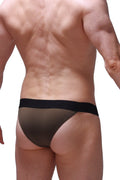 Black mesh briefs with a solid black waistband from the bikini coren olive collection shown from the back side