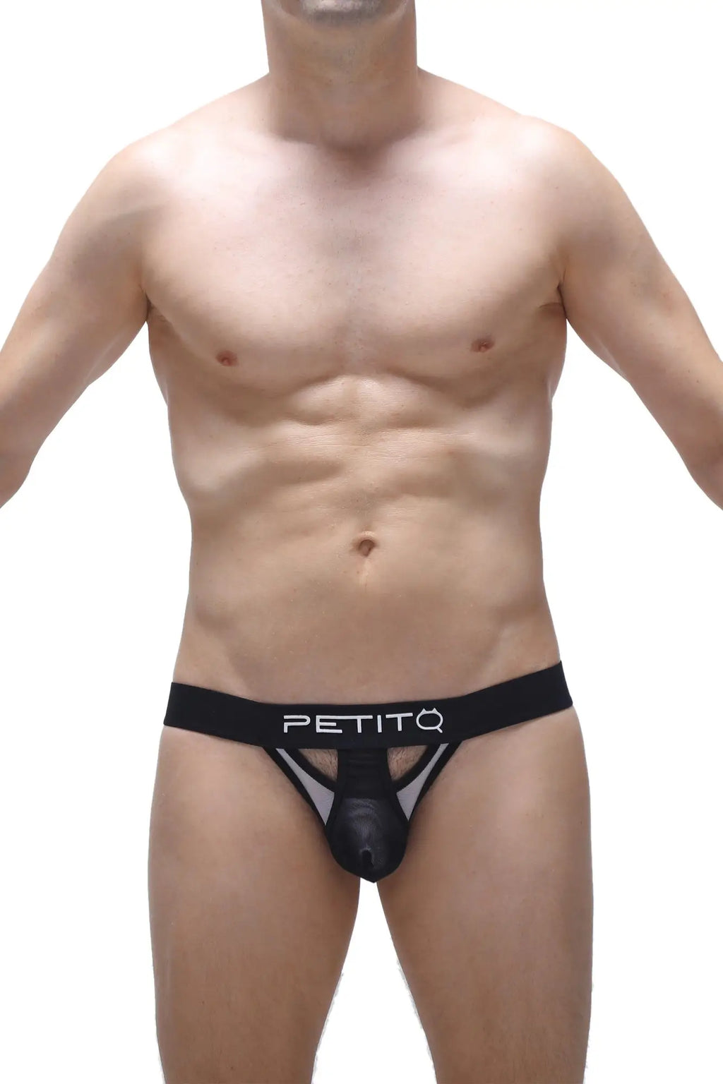 Black petitq thong bikini costac with mesh panel and solid front pouch made of breathable fabric