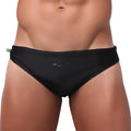 Black bikini cut solids colors sunga male bathing suit with subtle logo and brazilian flag tag on waistband