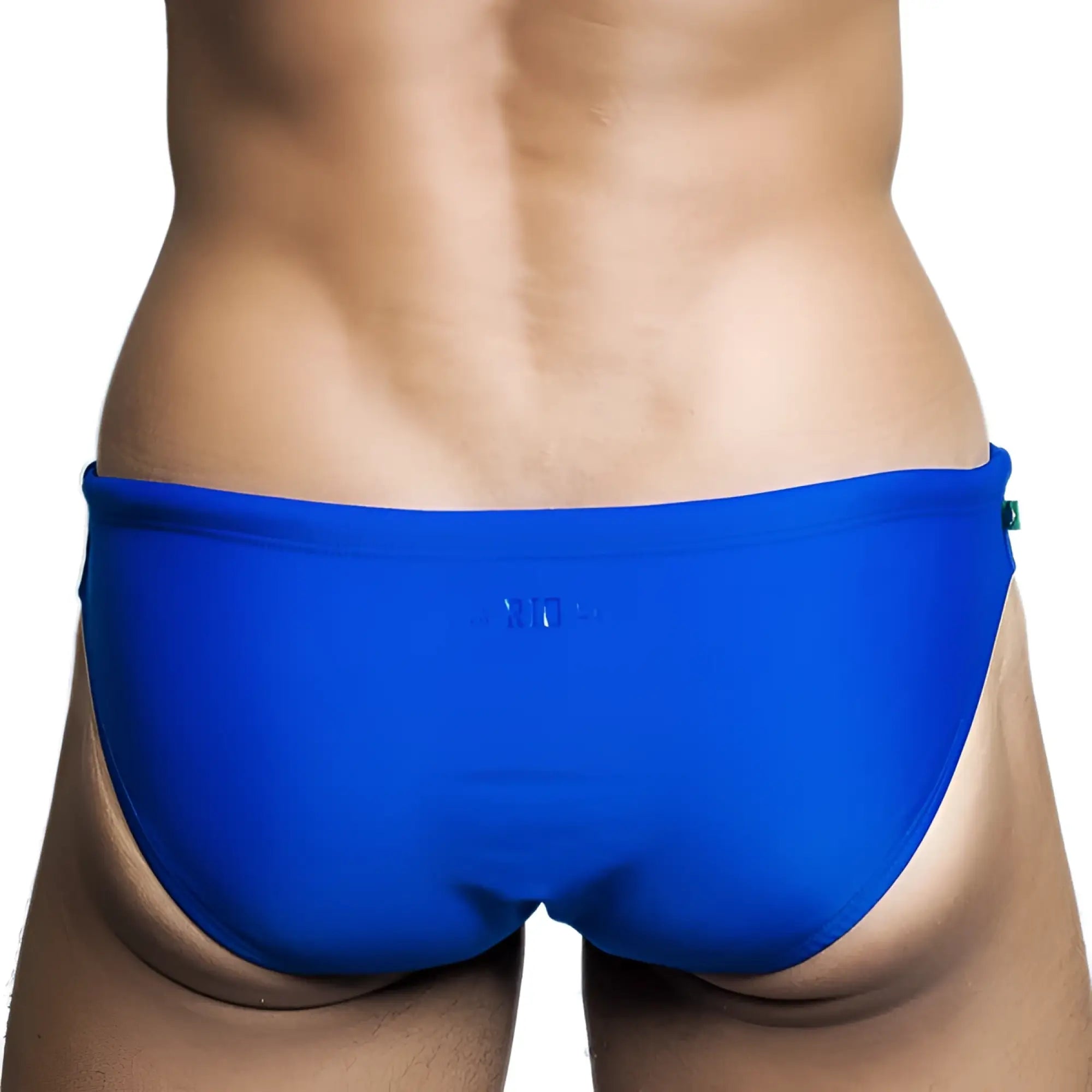 Bright blue bikini cut solids colors sunga male swim trunks with sleek form-fitting design and subtle waistband logo