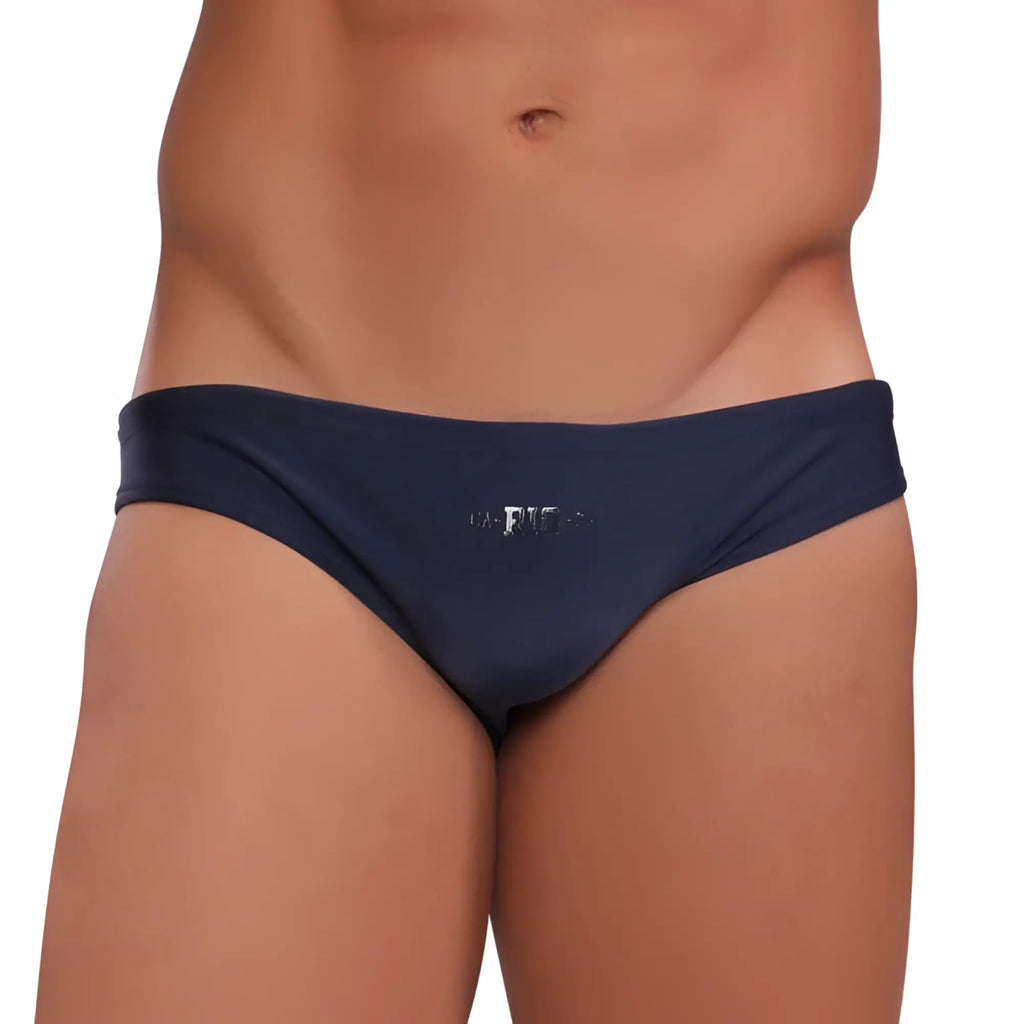 Navy blue bikini cut solids colors sunga male bathing suit with subtle front logo and comfortable swim fabric