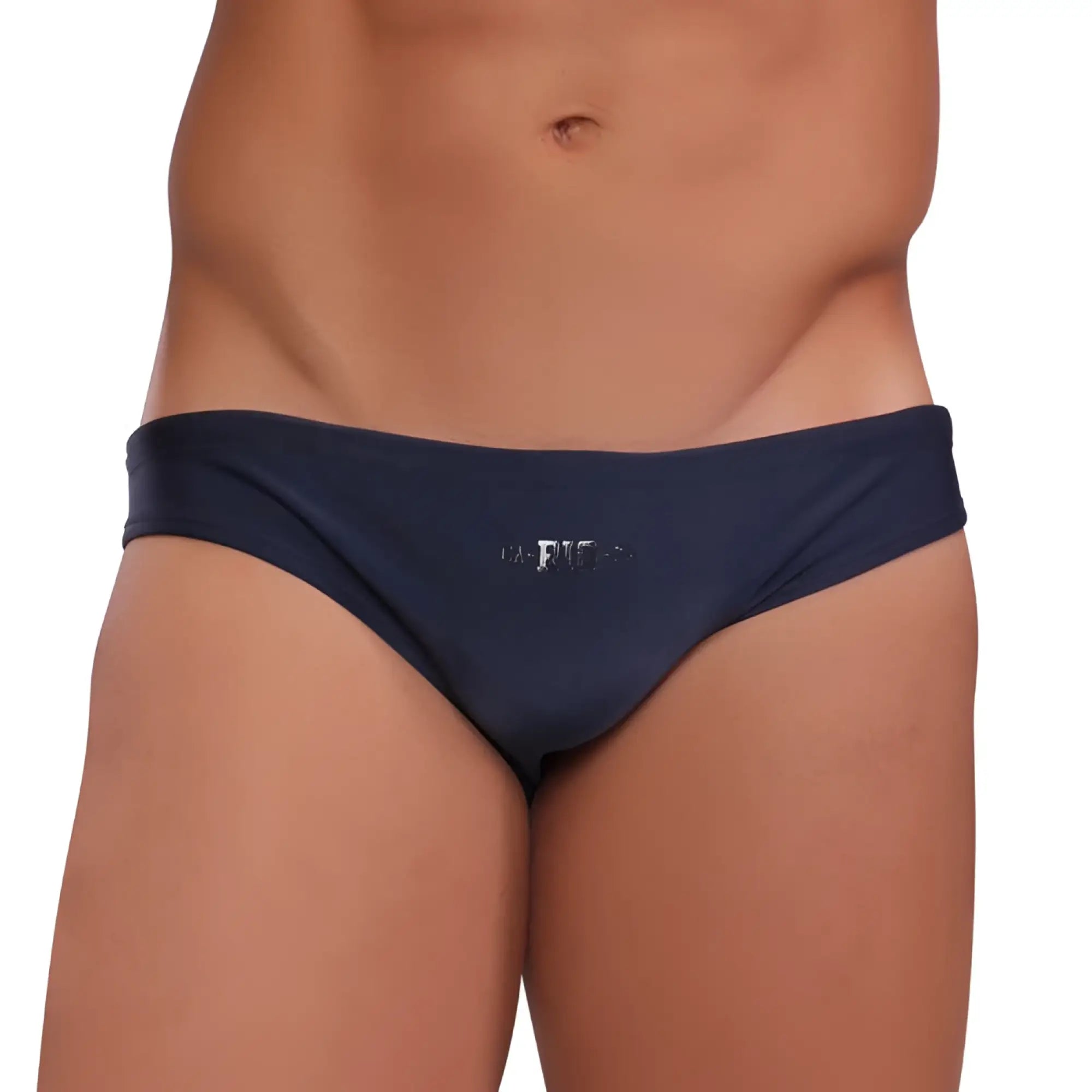 Navy blue bikini cut solids colors sunga male bathing suit with subtle front logo and comfortable swim fabric