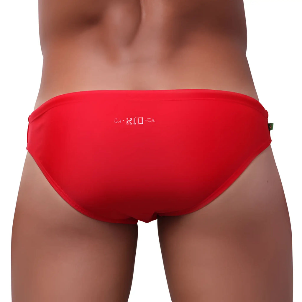 Red men’s bikini cut solids colors sunga swim trunks with rio embroidered in white on the back side