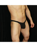 Black eco-leather bikini underwear by Arroyman featuring a minimal design and snug fit shown on a model.