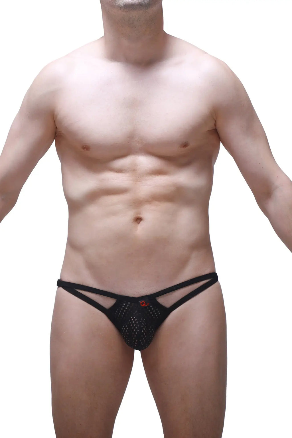 Black mesh thong bikini fors durtol black with a red logo on the front designed for swimwear use