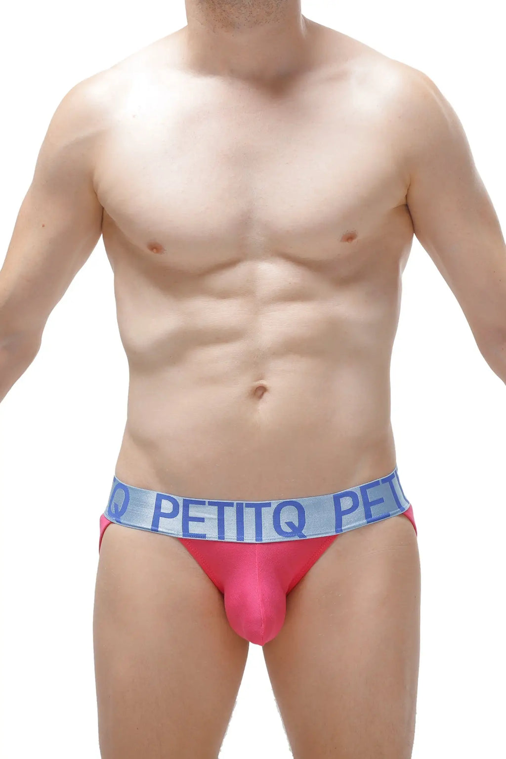Bikini jockstrap modal fuchsia men’s briefs in bright pink with light blue petitq waistband in bold white lettering