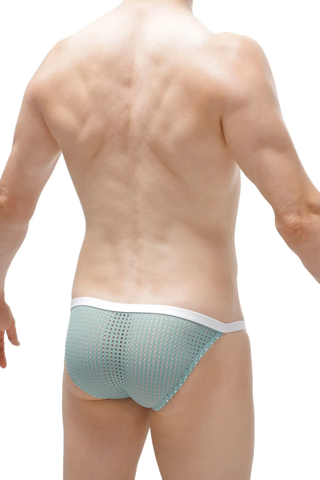 Bikini ladon durtol green light blue mesh briefs with a white waistband front view with breathable fabric