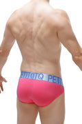 Bikini lagny modal fuchsia bright pink briefs with light blue elastic waistband featuring petitbq logo repeating lettering