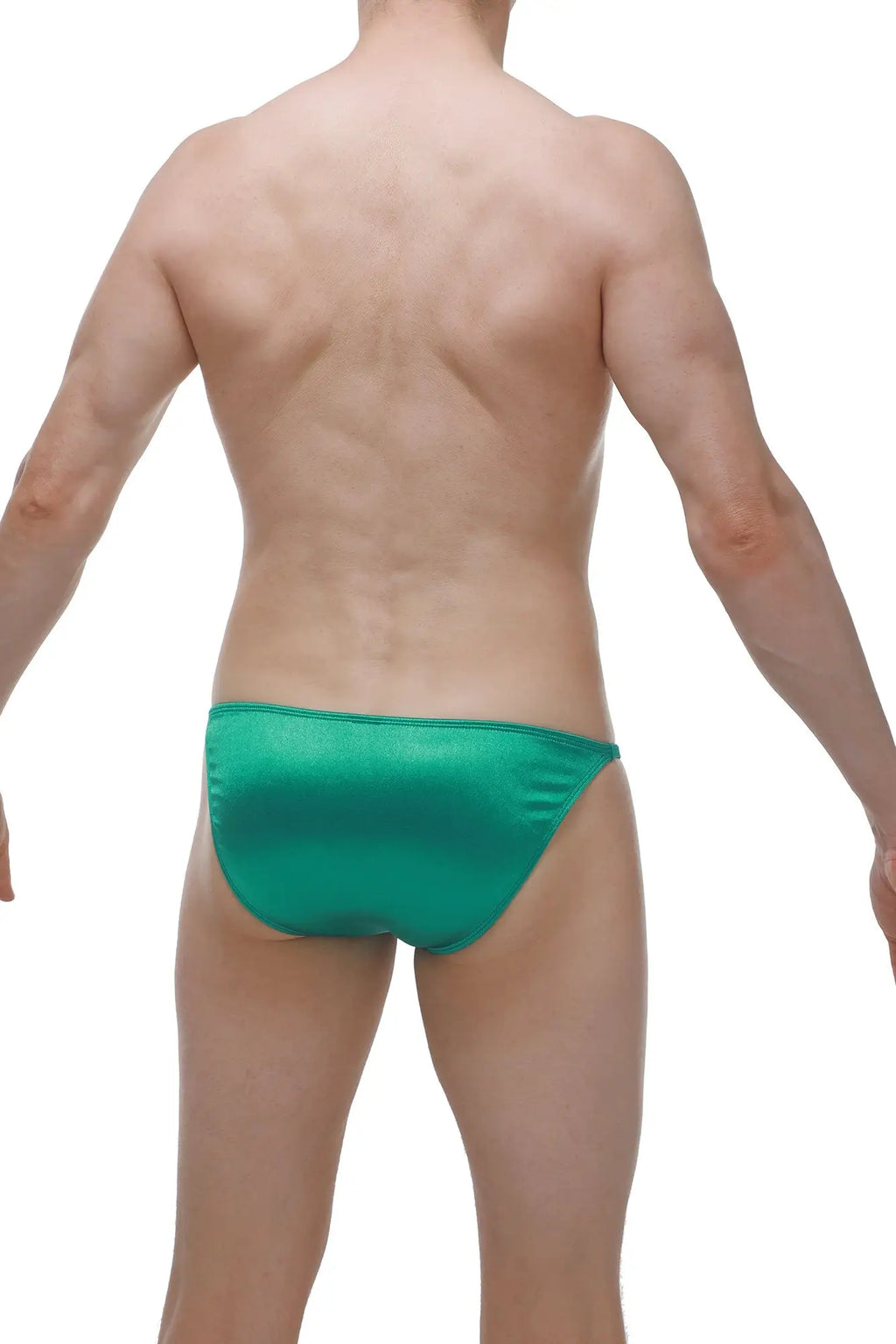 A sleek emerald green satin brief with a glossy finish and tailored fit from the bikini lhery satin green collection