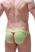 Light green form-fitting athletic briefs with distinctive cutout design made from bamboo fabric called bikini manol bamboo apple green