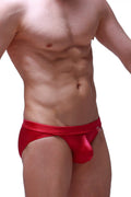 Red satin bikini briefs Marlan Joe Framboise with smooth glossy finish and small logo on the waistband