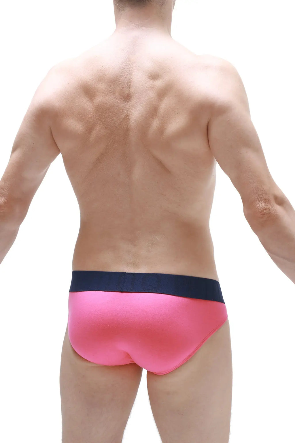 Bright pink bikini mega bulge briefs with a contrasting navy blue waistband for bold comfort and style