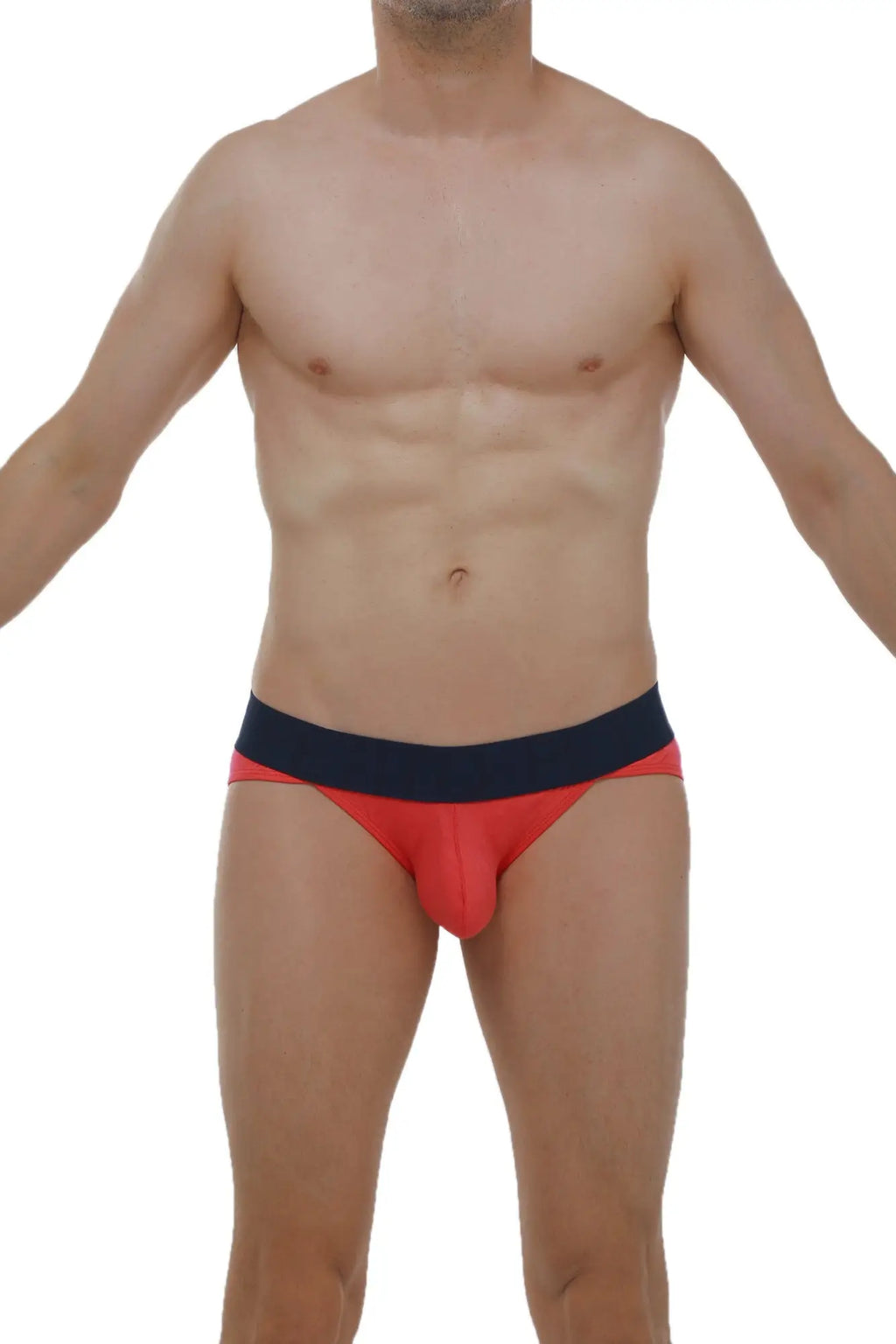 Bikini mega bulge fuchsia briefs in red and navy blue with a snug form fitting design for enhanced comfort