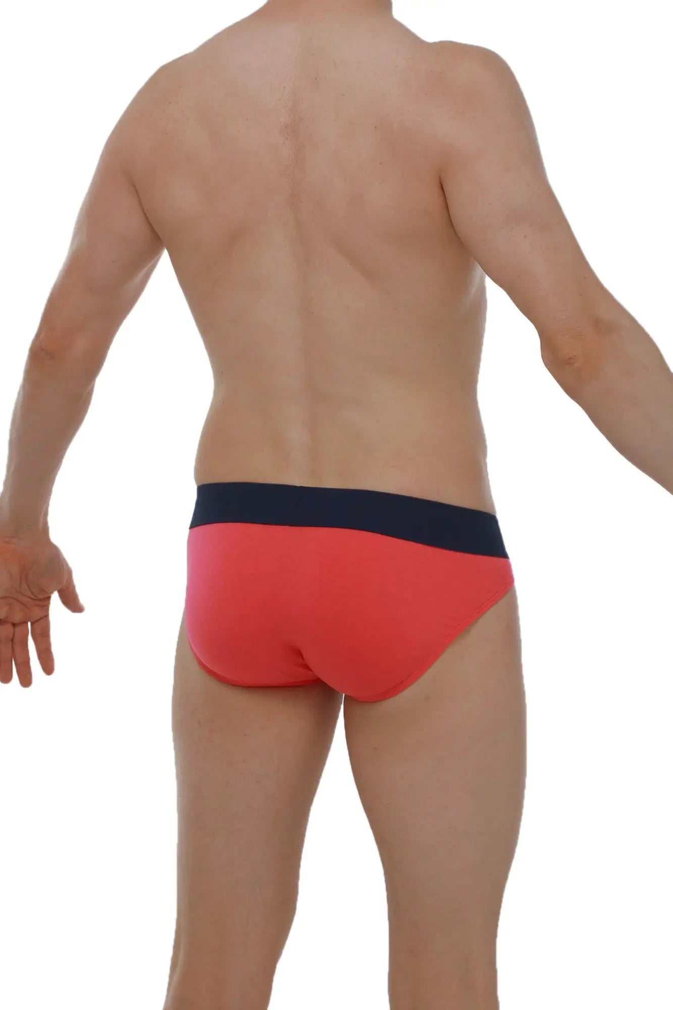 Bikini mega bulge fuchsia red briefs with navy blue waistband designed for enhanced comfort and support