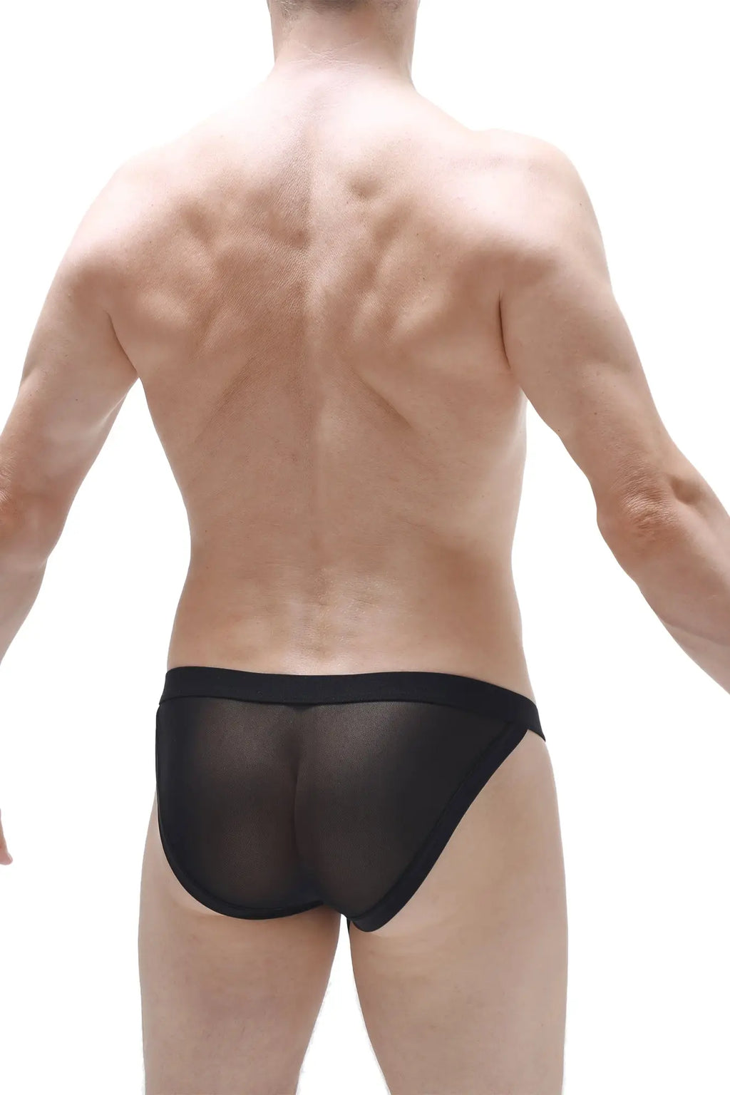 Black sheer mesh briefs with solid black waistband from bikini merpins net in a breathable lightweight fabric
