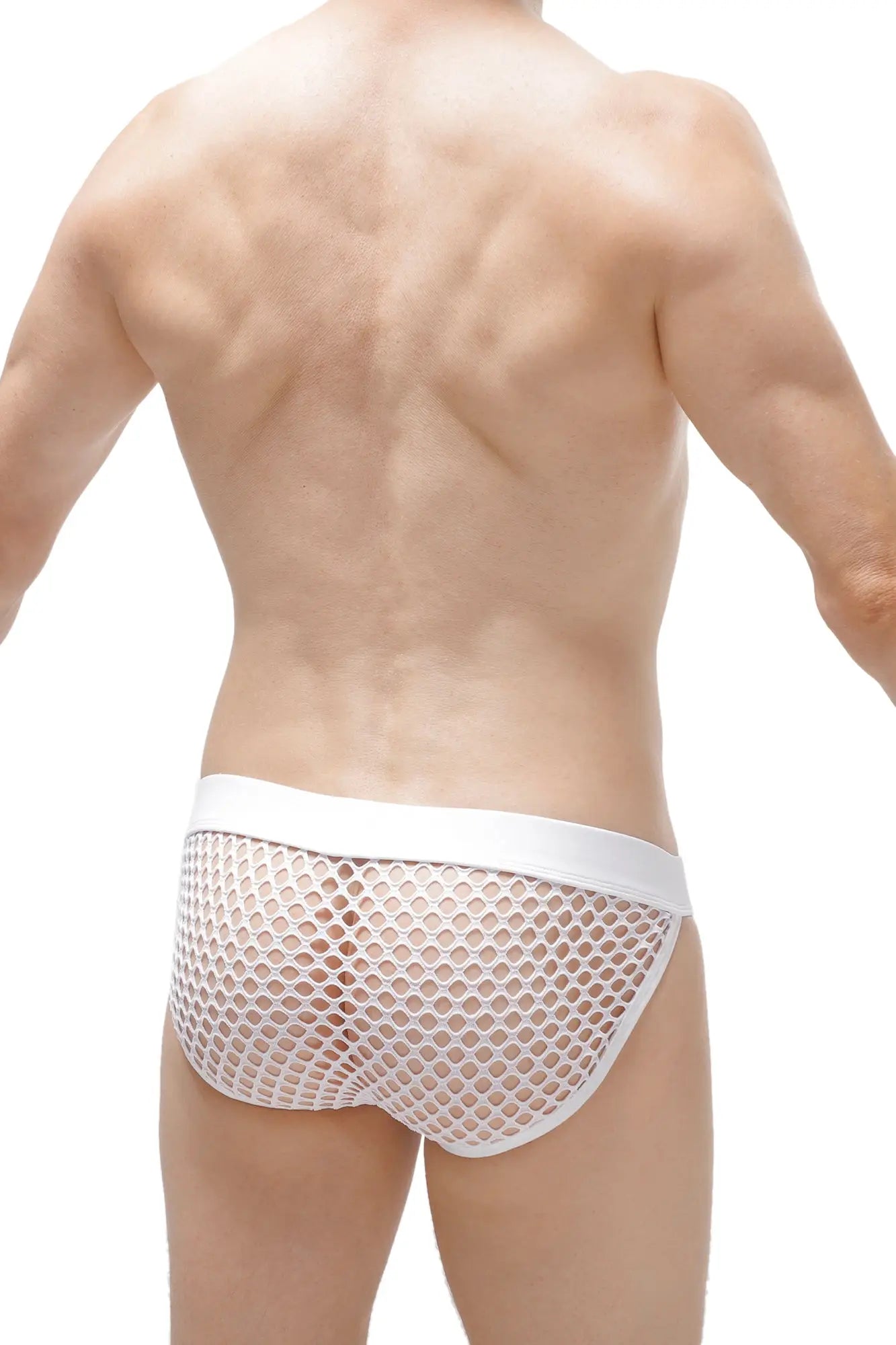 White mesh bikini briefs with solid white waistband made of breathable mesh fabric for comfortable wear