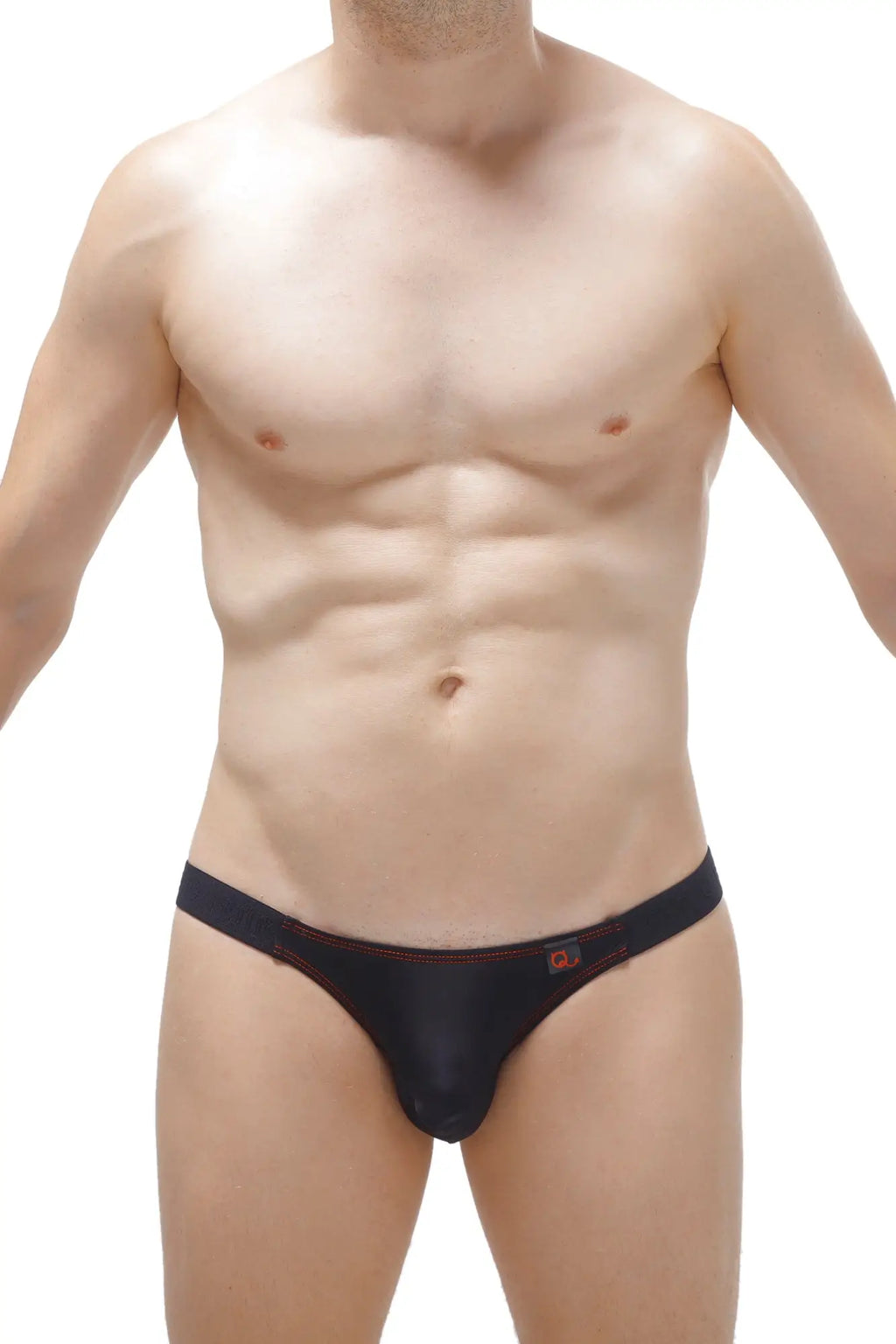 Black thong bikini mothern with red stitching and small logo on waistband shown from the front