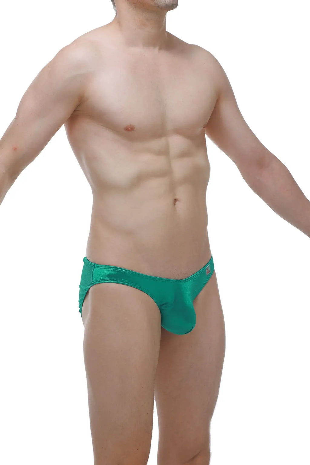 Emerald green satin bikini murlin briefs with a sleek form-fitting design for comfortable wear