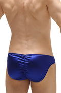 Back view of royal blue satin swim trunks with ruched design from bikini murlin satin sapphire collection