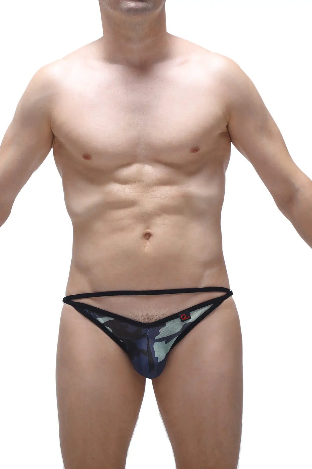 Black and gray camouflage-patterned bikini orbar net camo thong with thin elastic waistband shown from the back