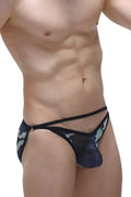 Black and green camouflage men’s thong bikini orbar net camo with sheer mesh design, front view