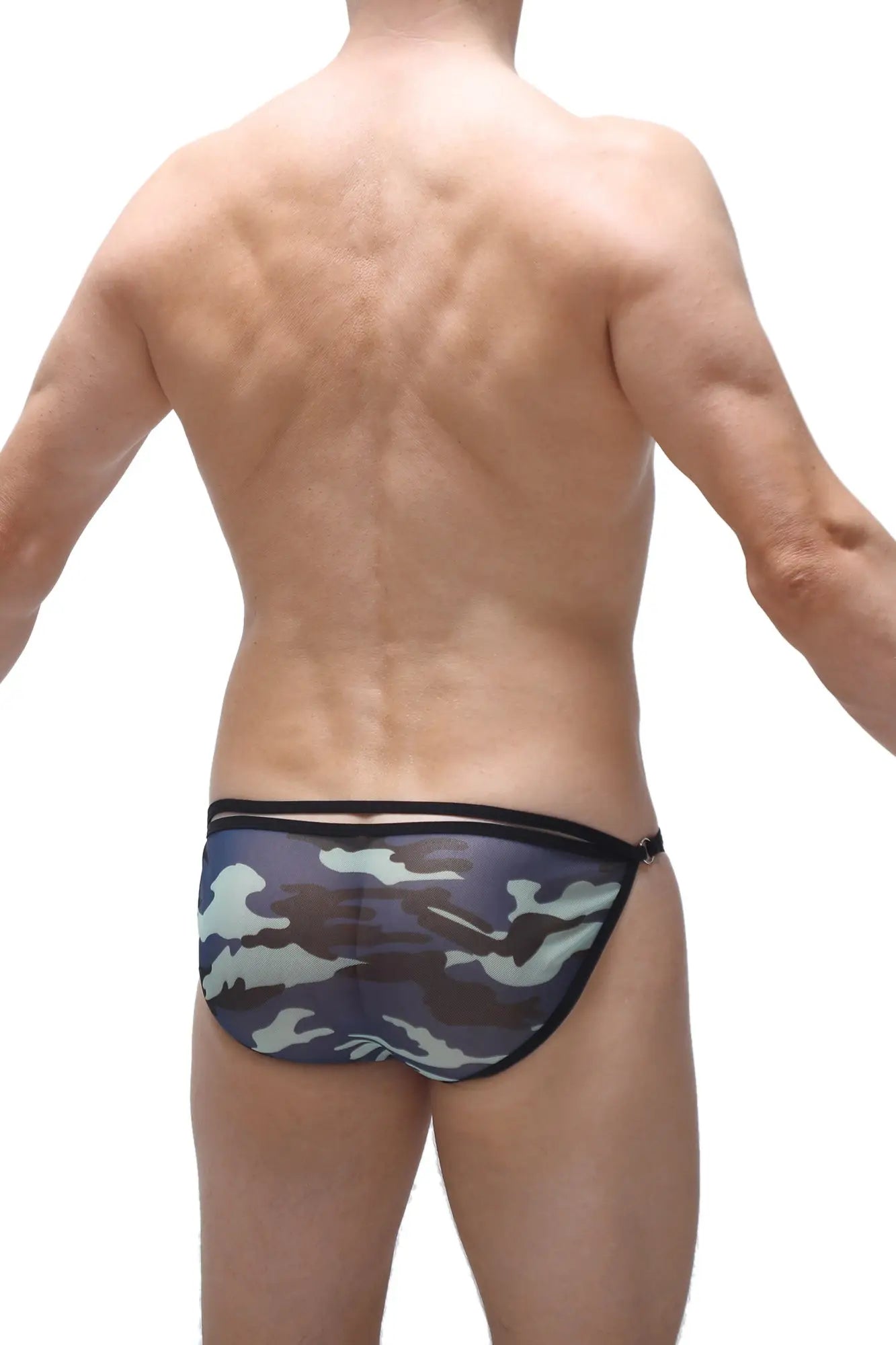 Bikini orbar net camo briefs with camouflage pattern and black trim designed for comfortable casual wear
