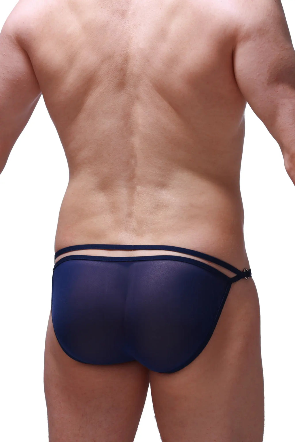 Navy blue sheer mesh bikini briefs with black elastic straps featured in the bikini orbar net navy collection
