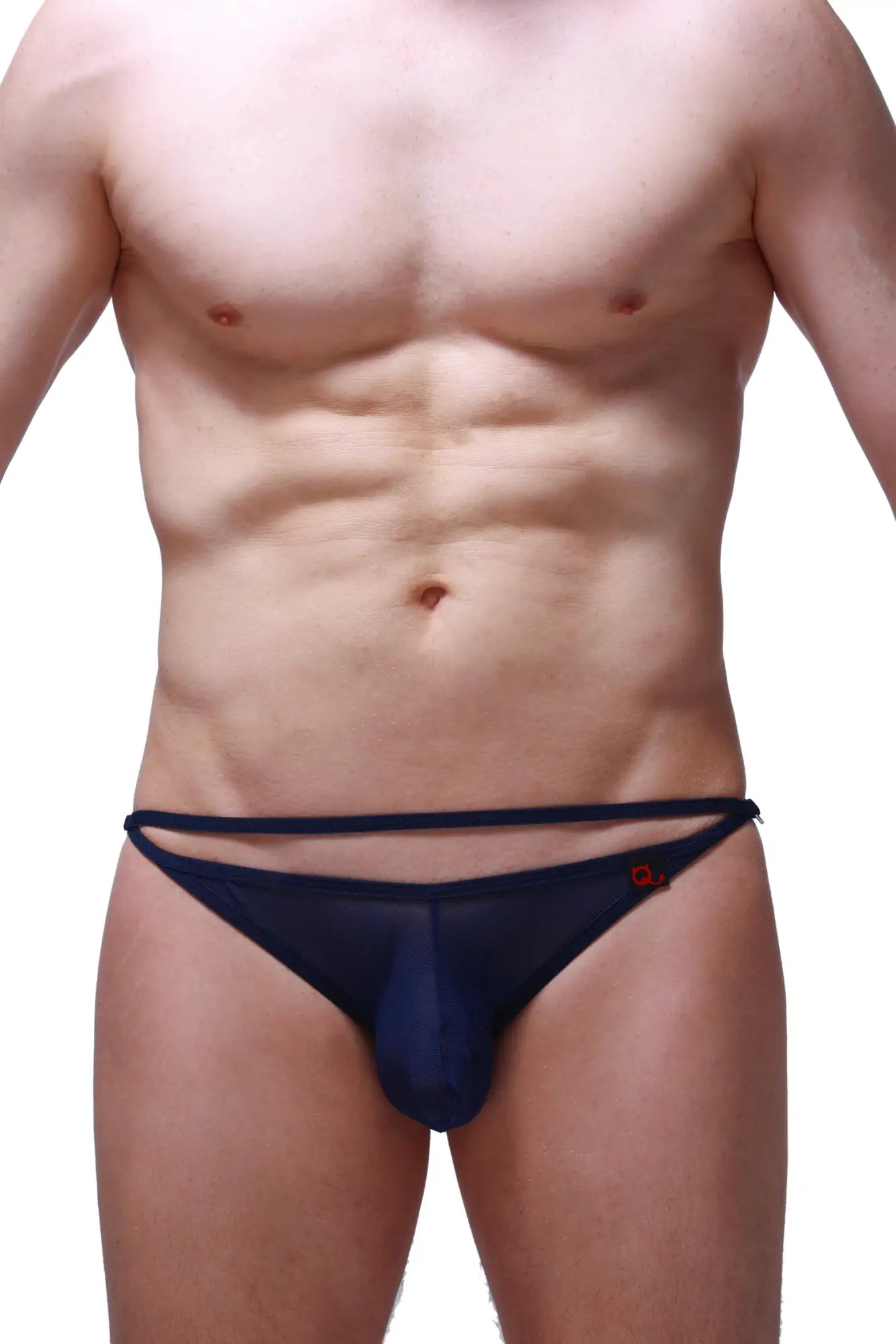Navy blue sheer mesh thong bikini orbar net with thin elastic waistband and small red logo on the side