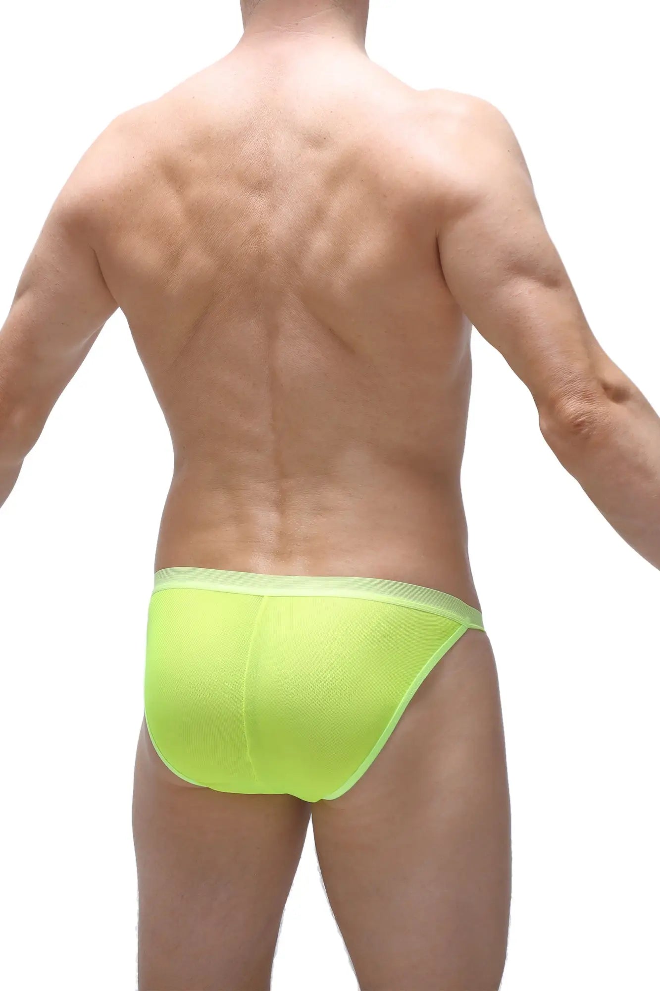 Bright neon yellow bikini plaintel net briefs with smooth form-fitting design in neon green visible