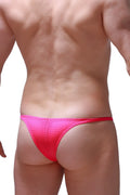 Bright pink mesh thong bikini plellis bee pink with a snug form-fitting design showing the back side