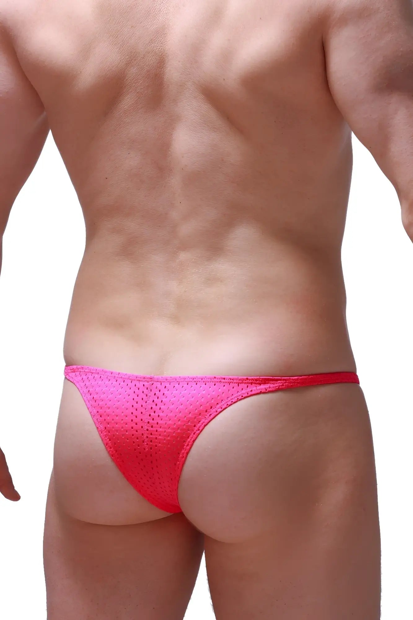 Bright pink mesh thong bikini plellis bee pink with a snug form-fitting design showing the back side