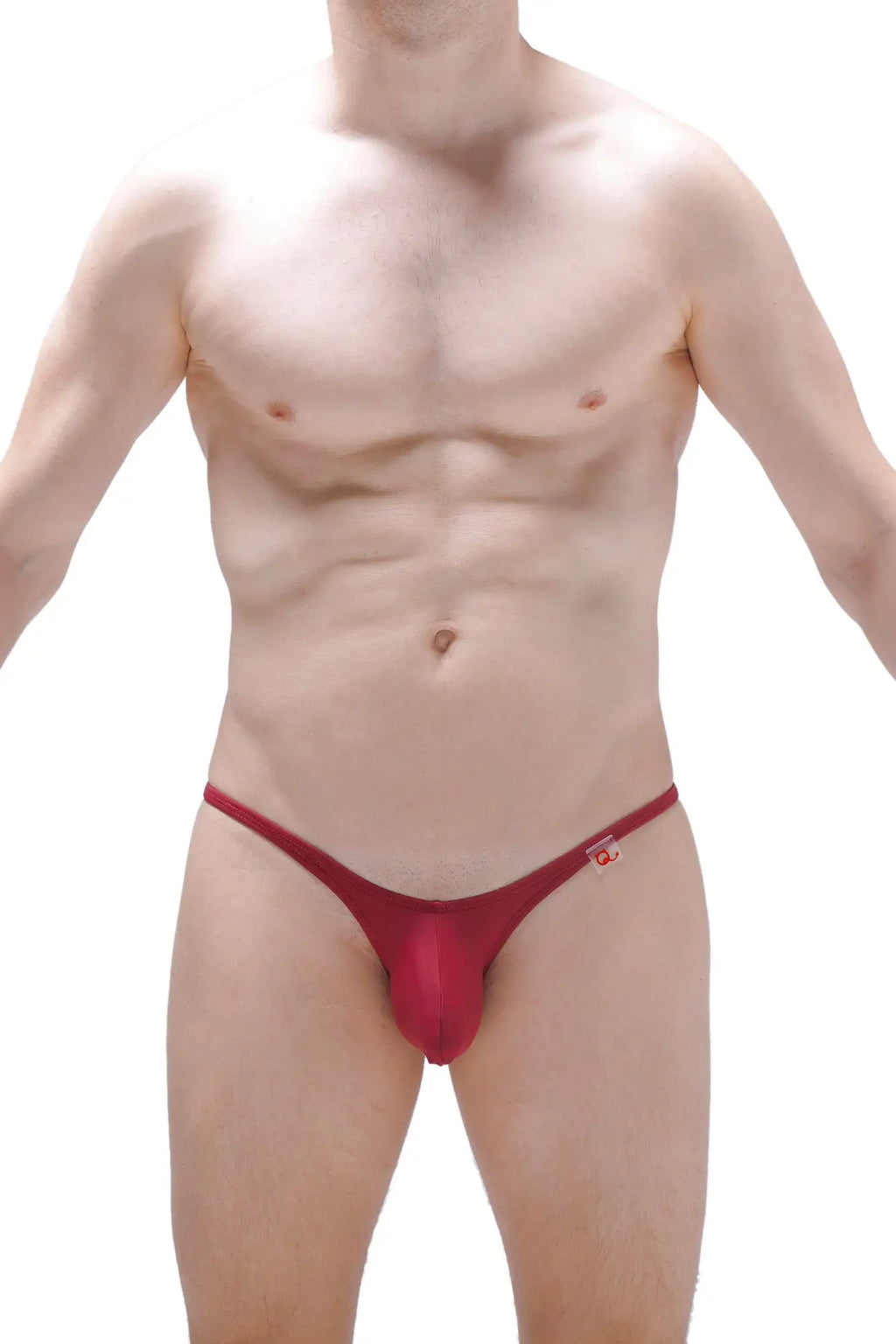 Red form-fitting thong bikini plellis burgundy with small logo on sideband showing back view