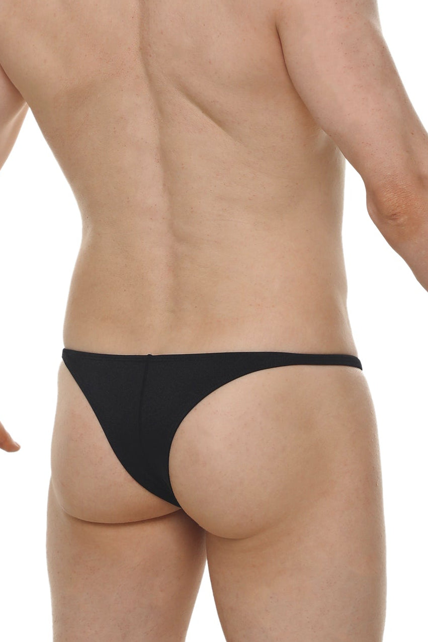 Black thong bikini plellis joe made of smooth stretchy fabric with narrow waistband shown from back side