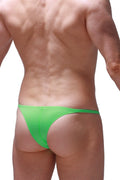 Bright green bikini plellis thong made of smooth stretchy fabric shown from the back side