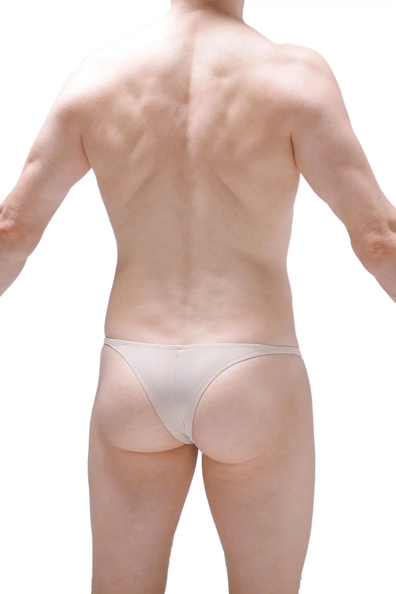 A sleek minimalist white thong bikini plellis sand made of smooth stretchy fabric shown from the back side