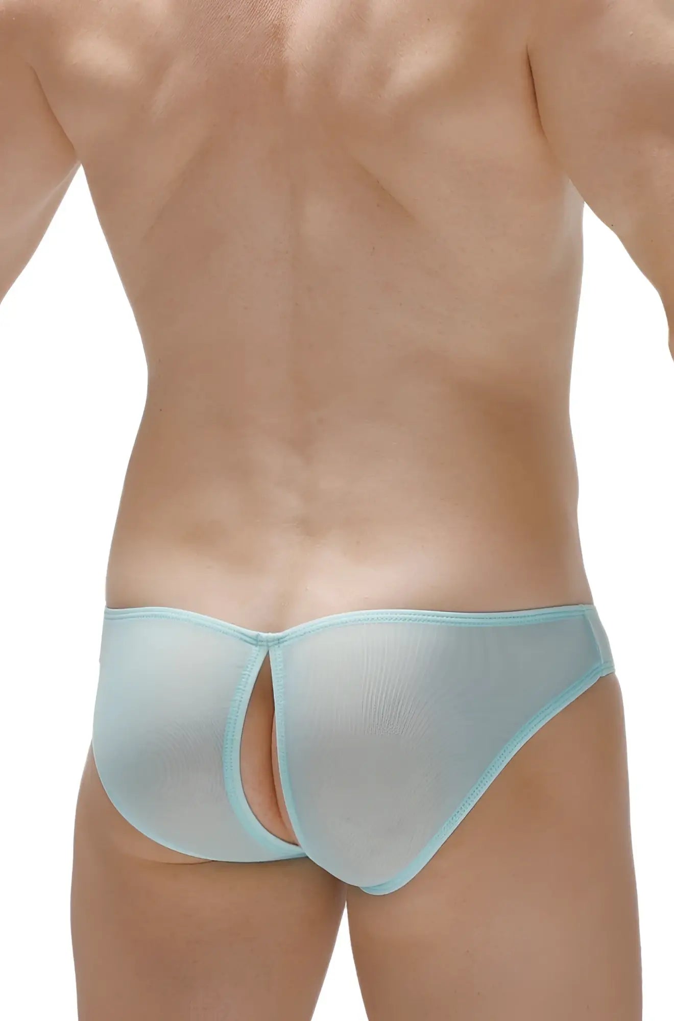 Light blue sheer mesh briefs with a thin elastic waistband in bikini poncy net teal style